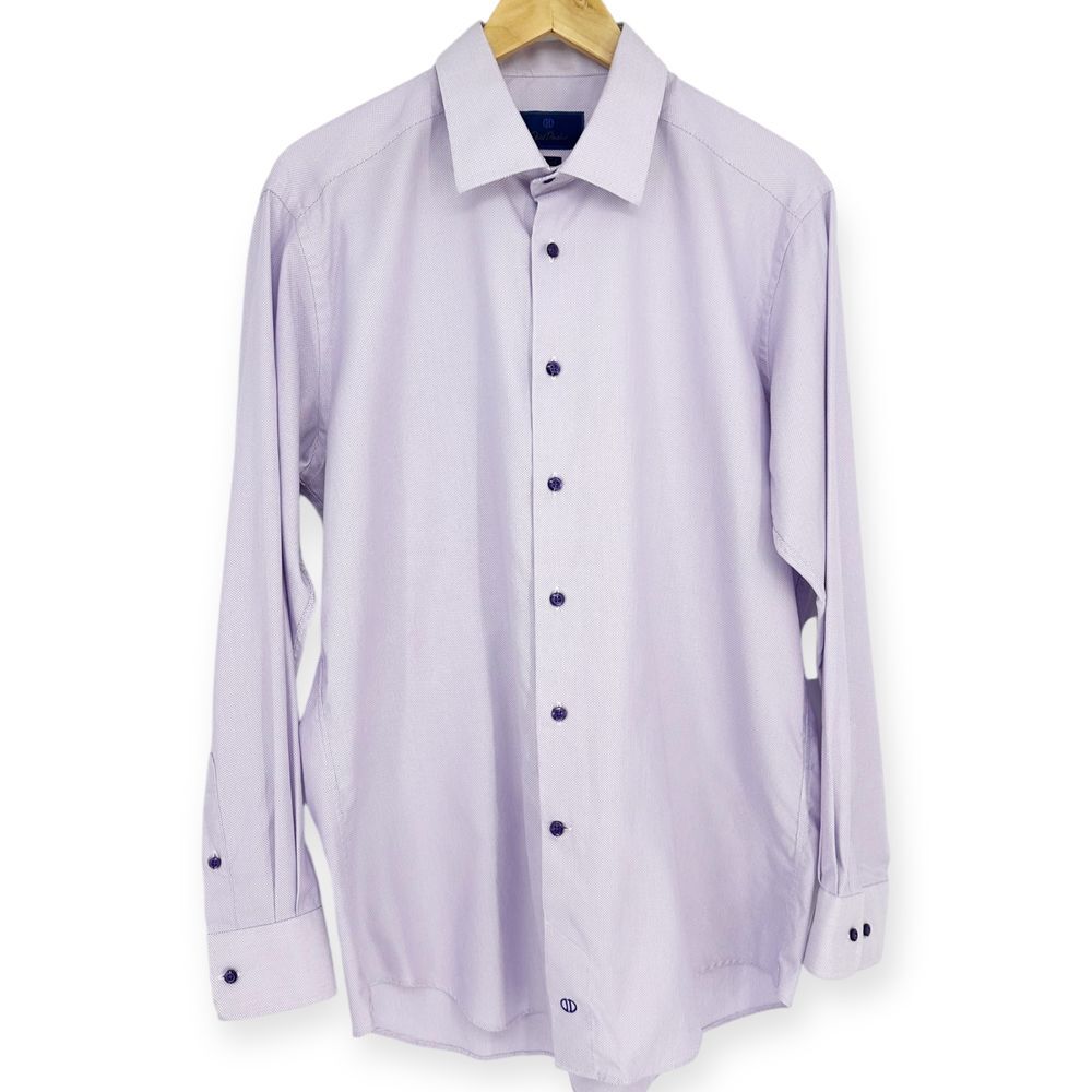 David Donahue Lilac Micro Dot Print Dress Shirt 17.5 34/35 EUC Slim Fit